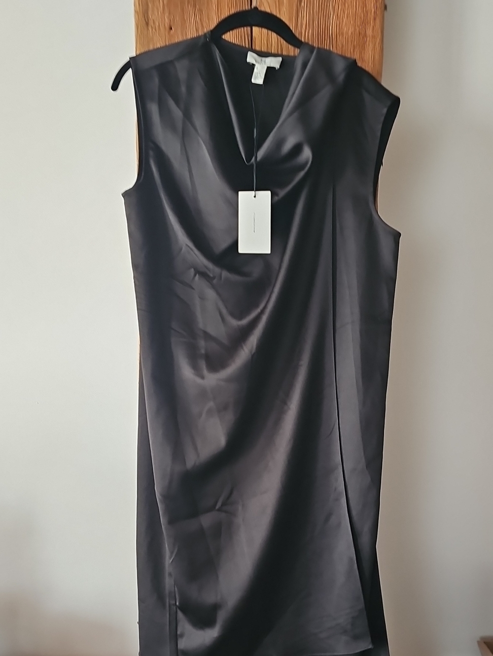 NWT H By Halston Elegant Sleeveless Black Satin Midi Dress Cowl Neck Size M